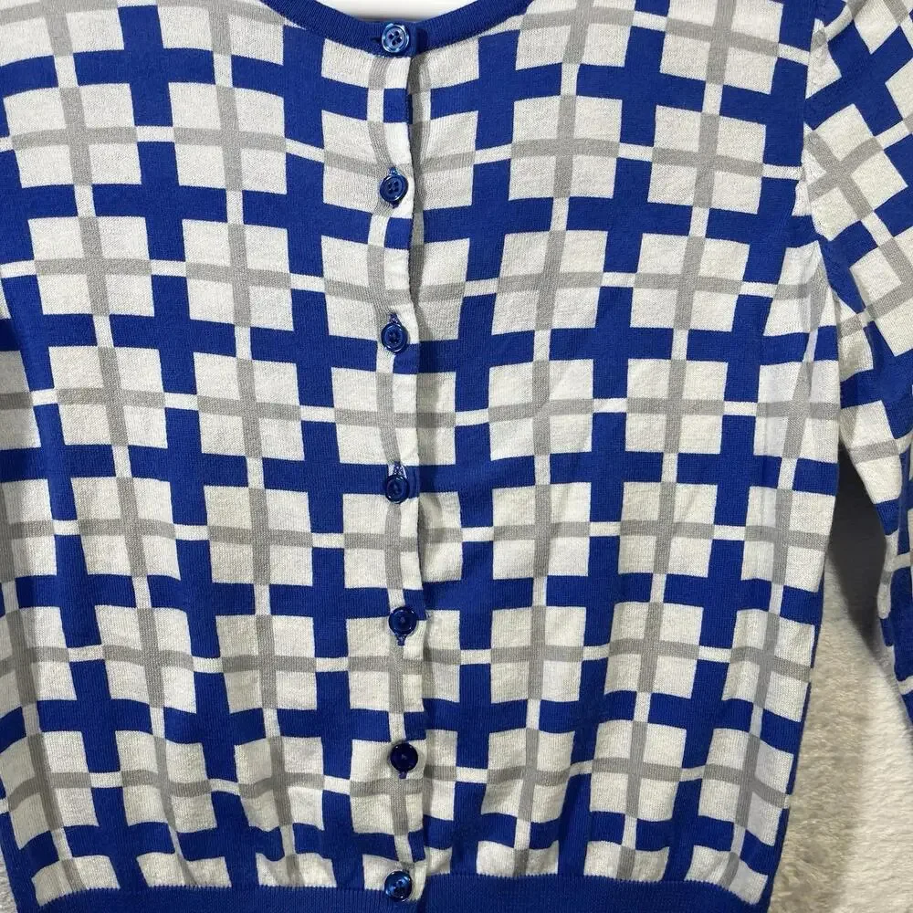 CAbi‎ Women's Cardigan Sweater Size Small Preppy Geometric Print Button Up Blue